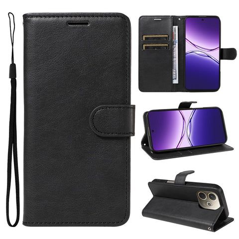 For Oppo A5 Pro 4G (Global) / 5G (Global) Leather Wallet Case with Strap Solid Color Phone Stand Cover