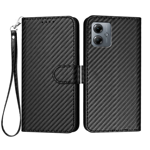 For Motorola Moto G54 5G / Motorola Moto G54 (China) 5G / Motorola Moto G73 5G / Motorola Moto G64 5G / Motorola Moto G64y 5G / Motorola Moto G14 4G Wallet Case with Strap Carbon Fiber Texture Leather Mobile Cover