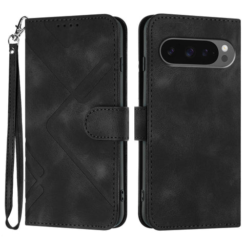 For Google Pixel 10 Pro / Google Pixel 9 / Google Pixel 9 Pro / Google Pixel 10 Wallet Case Line Imprinted PU Leather Phone Cover with Strap