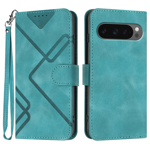 For Google Pixel 10 Pro / Google Pixel 9 / Google Pixel 9 Pro / Google Pixel 10 Wallet Case Line Imprinted PU Leather Phone Cover with Strap