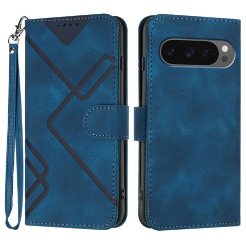 For Google Pixel 10 Pro / Google Pixel 9 / Google Pixel 9 Pro / Google Pixel 10 Wallet Case Line Imprinted PU Leather Phone Cover with Strap