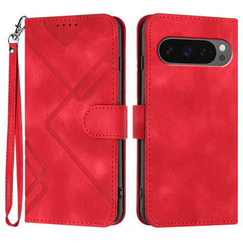For Google Pixel 10 Pro / Google Pixel 9 / Google Pixel 9 Pro / Google Pixel 10 Wallet Case Line Imprinted PU Leather Phone Cover with Strap