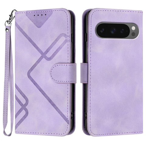 For Google Pixel 10 Pro / Google Pixel 9 / Google Pixel 9 Pro / Google Pixel 10 Wallet Case Line Imprinted PU Leather Phone Cover with Strap