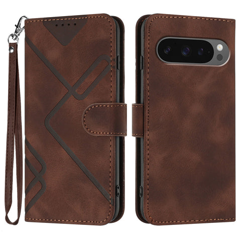 For Google Pixel 10 Pro / Google Pixel 9 / Google Pixel 9 Pro / Google Pixel 10 Wallet Case Line Imprinted PU Leather Phone Cover with Strap