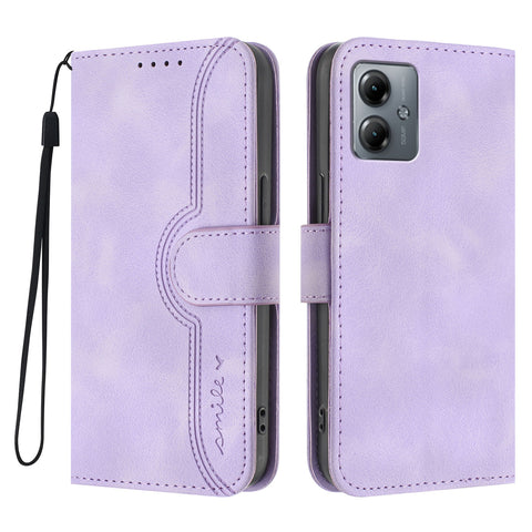 For Motorola Moto G14 4G / Motorola Moto G54 (China) 5G / Motorola Moto G64 5G / Motorola Moto G64y 5G / Motorola Moto G54 5G Leather Case Wallet Stand Smile Imprinted Phone Cover with Strap
