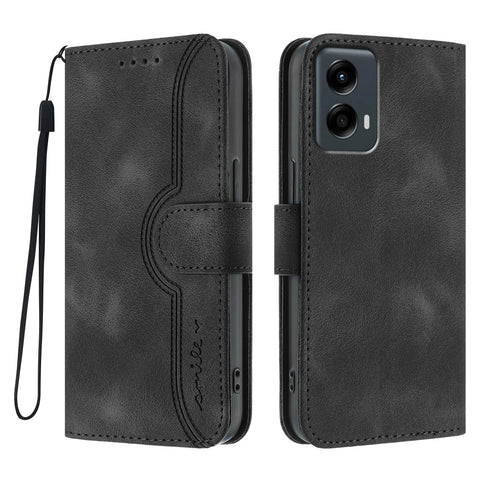 For Motorola Moto G Play 5G (2024) / Motorola Moto G 5G (2024) Leather Case Wallet Stand Smile Imprinted Phone Cover with Strap