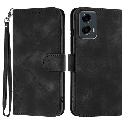 For Motorola Moto G Play 5G (2024) / Motorola Moto G 5G (2024) Wallet Case Line Imprinted PU Leather Phone Cover with Strap