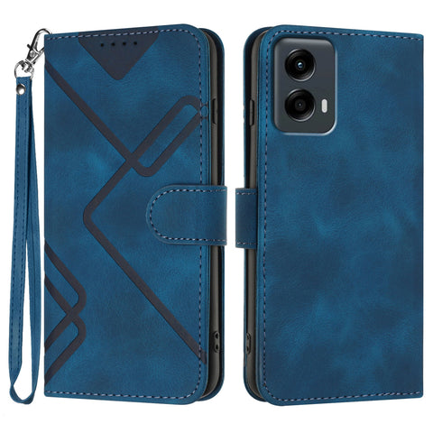 For Motorola Moto G Play 5G (2024) / Motorola Moto G 5G (2024) Wallet Case Line Imprinted PU Leather Phone Cover with Strap