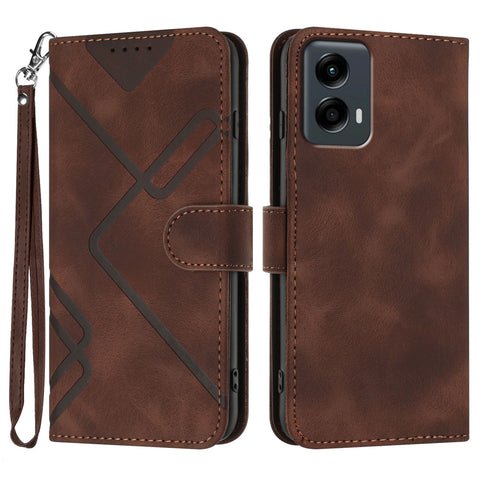 For Motorola Moto G Play 5G (2024) / Motorola Moto G 5G (2024) Wallet Case Line Imprinted PU Leather Phone Cover with Strap