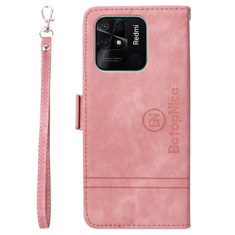 BETOPNICE 001 For Xiaomi Redmi 10C 4G / Redmi 10 (India) 4G Foldable Stand PU Leather Shockproof Case Imprinted Stitching Line Phone Wallet Cover with Strap