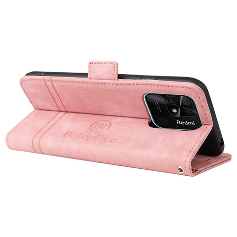 BETOPNICE 001 For Xiaomi Redmi 10C 4G / Redmi 10 (India) 4G Foldable Stand PU Leather Shockproof Case Imprinted Stitching Line Phone Wallet Cover with Strap