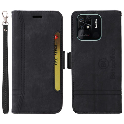 BETOPNICE 001 For Xiaomi Redmi 10C 4G / Redmi 10 (India) 4G Foldable Stand PU Leather Shockproof Case Imprinted Stitching Line Phone Wallet Cover with Strap