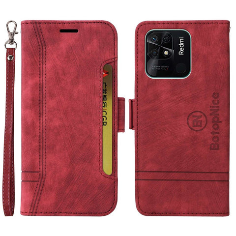 BETOPNICE 001 For Xiaomi Redmi 10C 4G / Redmi 10 (India) 4G Foldable Stand PU Leather Shockproof Case Imprinted Stitching Line Phone Wallet Cover with Strap