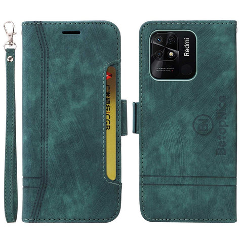 BETOPNICE 001 For Xiaomi Redmi 10C 4G / Redmi 10 (India) 4G Foldable Stand PU Leather Shockproof Case Imprinted Stitching Line Phone Wallet Cover with Strap