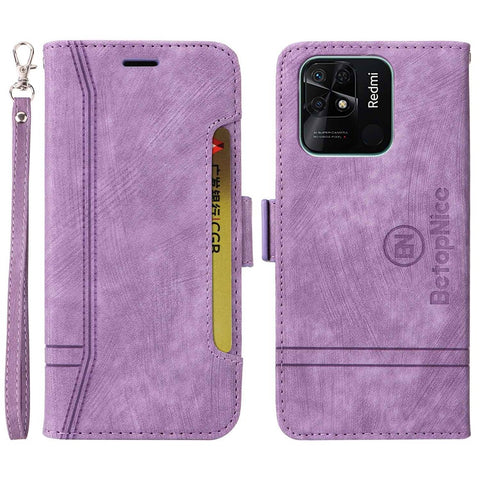 BETOPNICE 001 For Xiaomi Redmi 10C 4G / Redmi 10 (India) 4G Foldable Stand PU Leather Shockproof Case Imprinted Stitching Line Phone Wallet Cover with Strap
