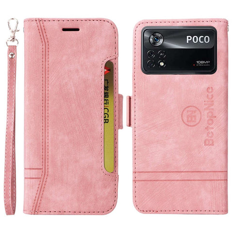 BETOPNICE 001 For Xiaomi Poco X4 Pro 5G PU Leather Drop-proof Case Imprinted Stitching Line Phone Stand Wallet Cover with Wrist Strap