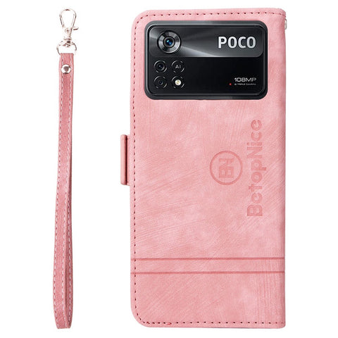 BETOPNICE 001 For Xiaomi Poco X4 Pro 5G PU Leather Drop-proof Case Imprinted Stitching Line Phone Stand Wallet Cover with Wrist Strap