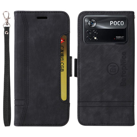 BETOPNICE 001 For Xiaomi Poco X4 Pro 5G PU Leather Drop-proof Case Imprinted Stitching Line Phone Stand Wallet Cover with Wrist Strap