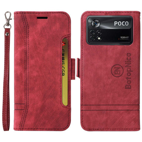 BETOPNICE 001 For Xiaomi Poco X4 Pro 5G PU Leather Drop-proof Case Imprinted Stitching Line Phone Stand Wallet Cover with Wrist Strap