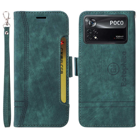 BETOPNICE 001 For Xiaomi Poco X4 Pro 5G PU Leather Drop-proof Case Imprinted Stitching Line Phone Stand Wallet Cover with Wrist Strap
