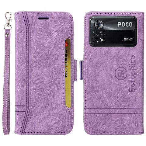 BETOPNICE 001 For Xiaomi Poco X4 Pro 5G PU Leather Drop-proof Case Imprinted Stitching Line Phone Stand Wallet Cover with Wrist Strap