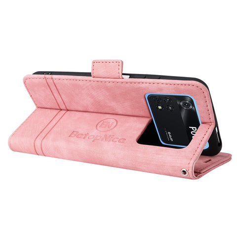 BETOPNICE 001 For Xiaomi Poco M4 Pro 4G Imprinted Stitching Line PU Leather Drop-proof Case Smartphone Stand Wallet Cover with Strap