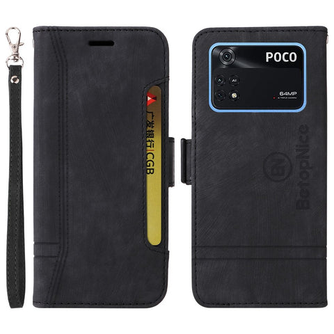 BETOPNICE 001 For Xiaomi Poco M4 Pro 4G Imprinted Stitching Line PU Leather Drop-proof Case Smartphone Stand Wallet Cover with Strap