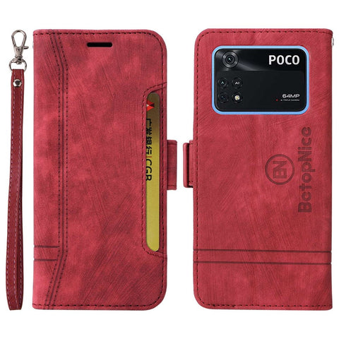 BETOPNICE 001 For Xiaomi Poco M4 Pro 4G Imprinted Stitching Line PU Leather Drop-proof Case Smartphone Stand Wallet Cover with Strap