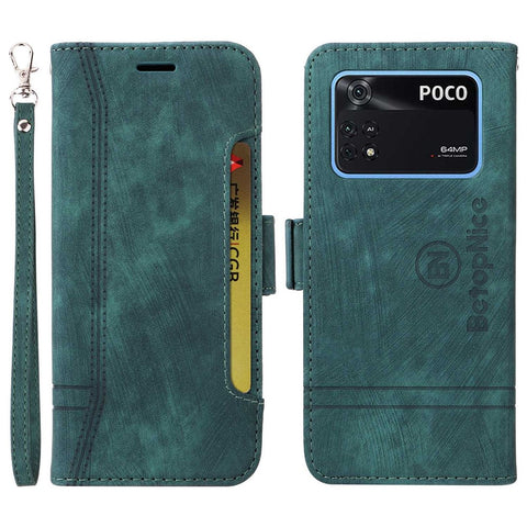 BETOPNICE 001 For Xiaomi Poco M4 Pro 4G Imprinted Stitching Line PU Leather Drop-proof Case Smartphone Stand Wallet Cover with Strap
