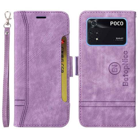 BETOPNICE 001 For Xiaomi Poco M4 Pro 4G Imprinted Stitching Line PU Leather Drop-proof Case Smartphone Stand Wallet Cover with Strap