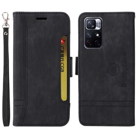 BETOPNICE 001 For Xiaomi Redmi Note 11 5G (MediaTek) / Note 11T 5G / Note 11S 5G / Poco M4 Pro 5G PU Leather Stand Wallet Case Imprinted Stitching Line Phone Cover