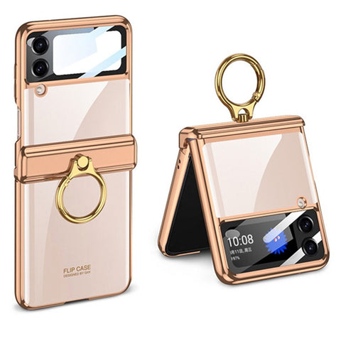 GKK For Samsung Galaxy Z Flip4 5G Ring Kickstand PC Phone Case Magnetic Hinge Anti-drop Cover with Tempered Glass Small Screen Film
