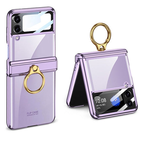 GKK For Samsung Galaxy Z Flip4 5G Ring Kickstand PC Phone Case Magnetic Hinge Anti-drop Cover with Tempered Glass Small Screen Film