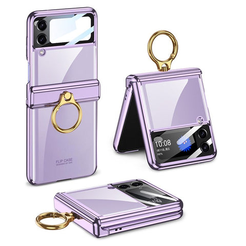 GKK For Samsung Galaxy Z Flip4 5G Ring Kickstand PC Phone Case Magnetic Hinge Anti-drop Cover with Tempered Glass Small Screen Film