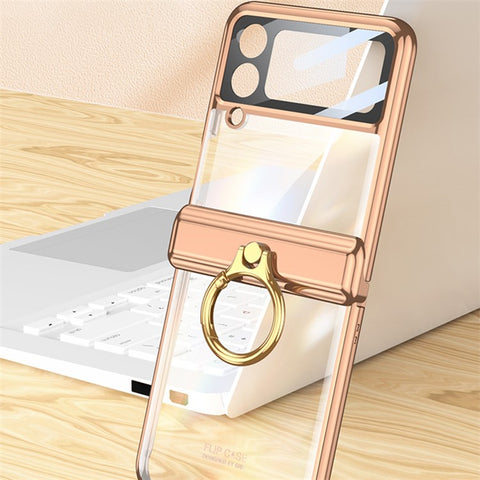 GKK For Samsung Galaxy Z Flip4 5G Ring Kickstand PC Phone Case Magnetic Hinge Anti-drop Cover with Tempered Glass Small Screen Film