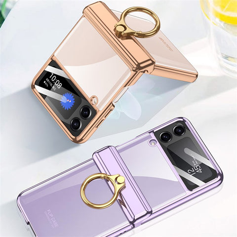 GKK For Samsung Galaxy Z Flip4 5G Ring Kickstand PC Phone Case Magnetic Hinge Anti-drop Cover with Tempered Glass Small Screen Film