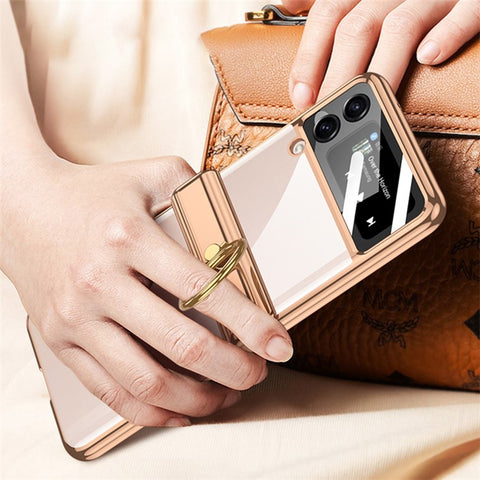 GKK For Samsung Galaxy Z Flip4 5G Ring Kickstand PC Phone Case Magnetic Hinge Anti-drop Cover with Tempered Glass Small Screen Film
