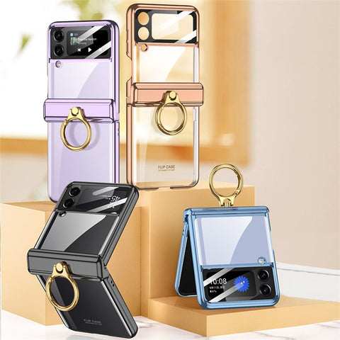 GKK For Samsung Galaxy Z Flip4 5G Ring Kickstand PC Phone Case Magnetic Hinge Anti-drop Cover with Tempered Glass Small Screen Film
