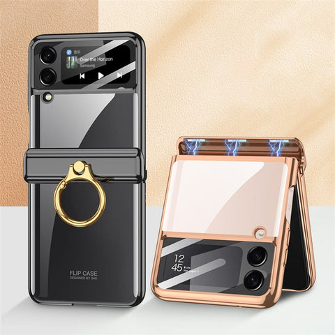 GKK For Samsung Galaxy Z Flip4 5G Ring Kickstand PC Phone Case Magnetic Hinge Anti-drop Cover with Tempered Glass Small Screen Film