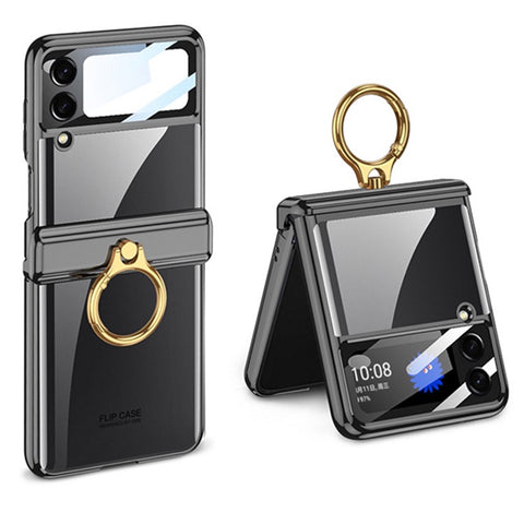 GKK For Samsung Galaxy Z Flip4 5G Ring Kickstand PC Phone Case Magnetic Hinge Anti-drop Cover with Tempered Glass Small Screen Film