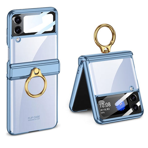 GKK For Samsung Galaxy Z Flip4 5G Ring Kickstand PC Phone Case Magnetic Hinge Anti-drop Cover with Tempered Glass Small Screen Film