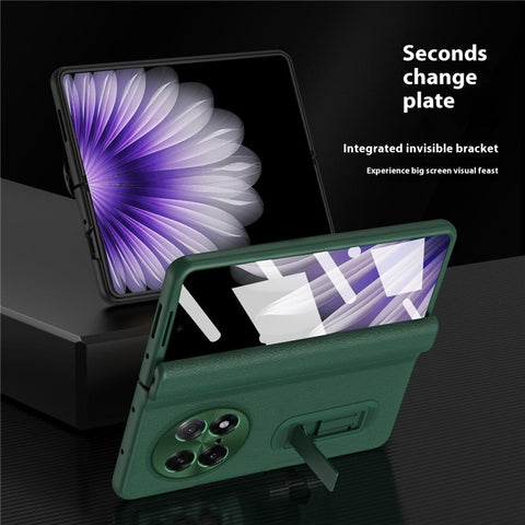 For Oppo Find N5 5G Case with Tempered Glass Film Kickstand PC  + PU Leather Folding Phone Cover