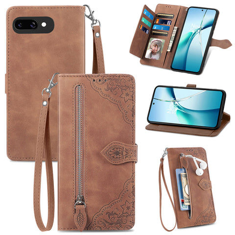 For Google Pixel 9a Zipper Wallet Case with Strap Flower Imprint PU Leather Phone Cover