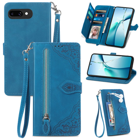 For Google Pixel 9a Zipper Wallet Case with Strap Flower Imprint PU Leather Phone Cover