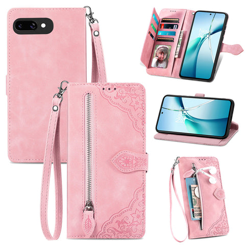 For Google Pixel 9a Zipper Wallet Case with Strap Flower Imprint PU Leather Phone Cover
