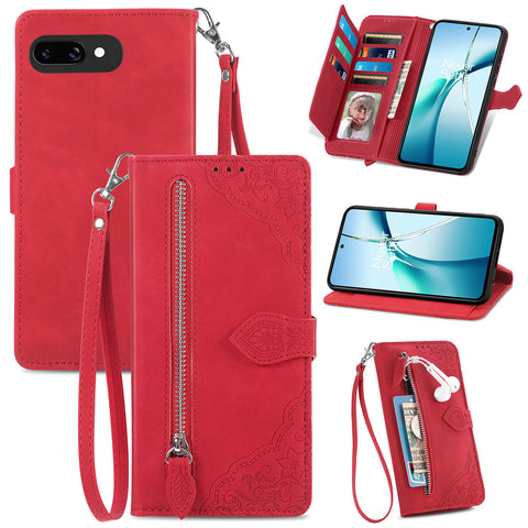 For Google Pixel 9a Zipper Wallet Case with Strap Flower Imprint PU Leather Phone Cover
