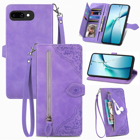 For Google Pixel 9a Zipper Wallet Case with Strap Flower Imprint PU Leather Phone Cover