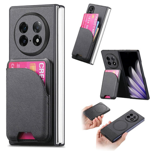 For Oppo Find N5 5G Magnetic Case Kickstand Denim Texture Leather Back Cover with Detachable Card Bag