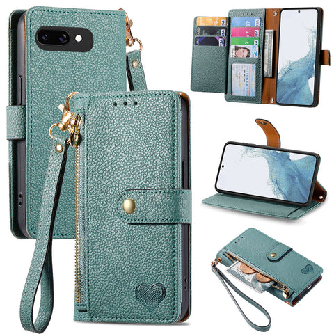 For Google Pixel 9a Case RFID Blocking Zipper Pocket Leather Wallet Phone Cover with Strap
