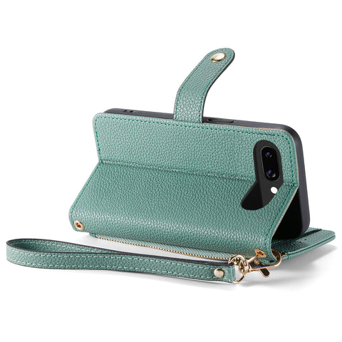For Google Pixel 9a Case RFID Blocking Zipper Pocket Leather Wallet Phone Cover with Strap
